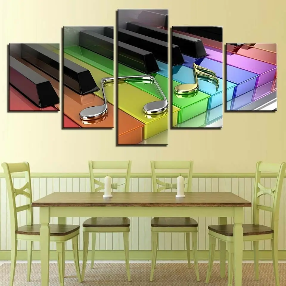 No Framed Colorful Piano Keys Musical Note 5 Panel Canvas Picture Print Wall Art Canvas Painting Wall Decor for Living Room