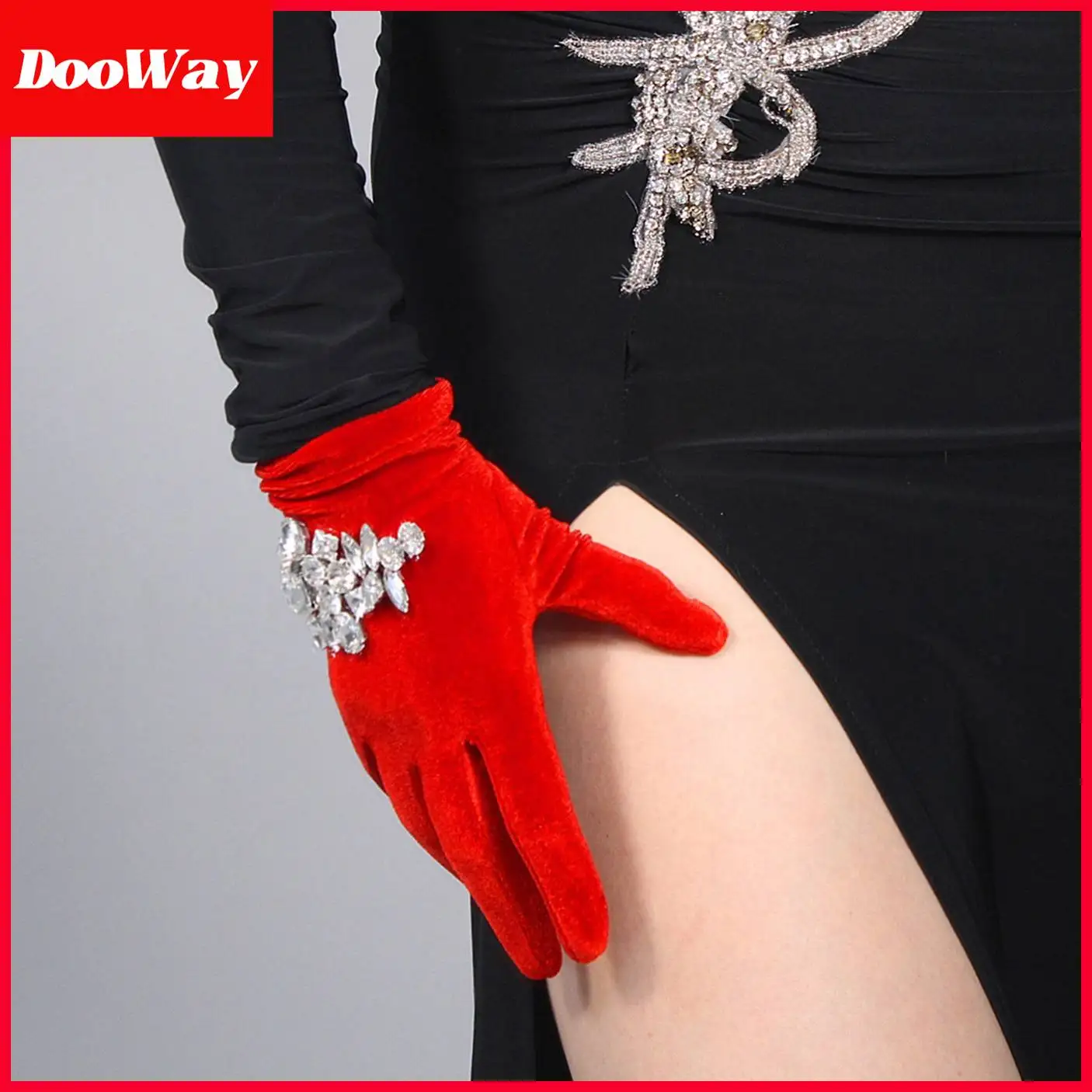 DooWay Women Girls Velvet Diamond Gloves Fashion Short Embroidery Crystal Rhinestones Stretchy Evening Dressing Dancing Glove