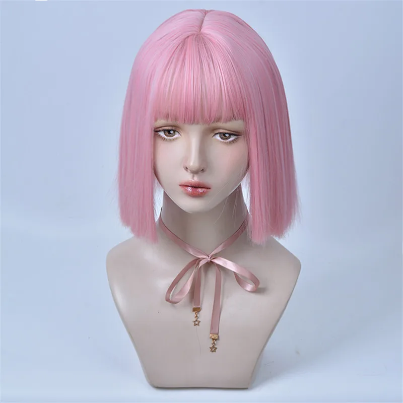 

VICWIG Pink Black Synthetic Hair Short Straight Cosplay Wig with Bangs for Women