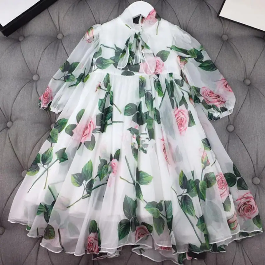 Princess Floral Silk 3D Dress Kid Baby Girl Birthday Party Princess Wedding Cosplay Rose Flower Chidlren Dress