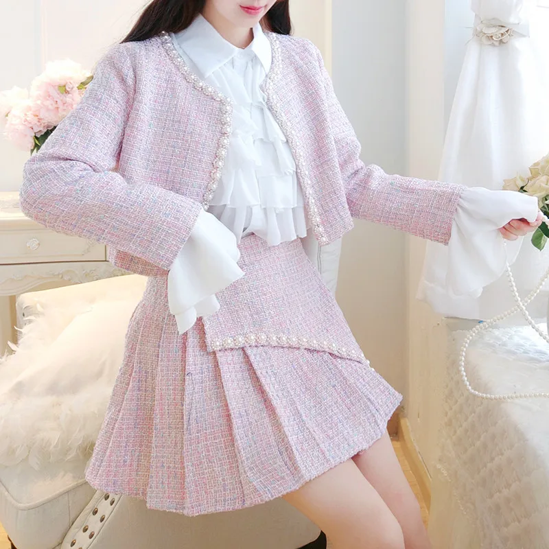 

YUZACDWX 2024 Women Autumn Sweet Tweed 2 Piece Set Pearls Beading Short Jacket fashion female Coat+Mini Pleated Skirt Set