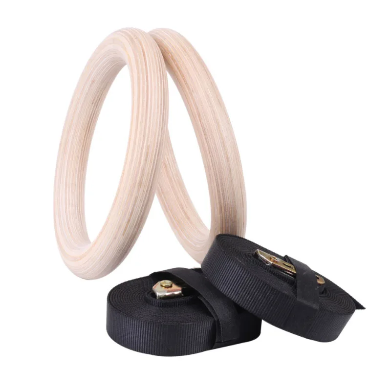 Rhythmic Gymnastic Rings Fitness Workout Exercise Wooden Pull Ups Muscle Training Equipment with Buckle Straps for Home Gym