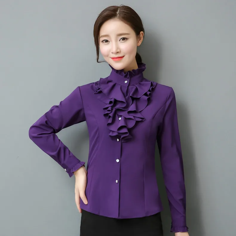 Large Size 5XL Fashion Victorian Blouses Women OL Office Ladies Shirt Stand Neck Frilly Ruffle Cuffs Shirt Female Vintage Blouse