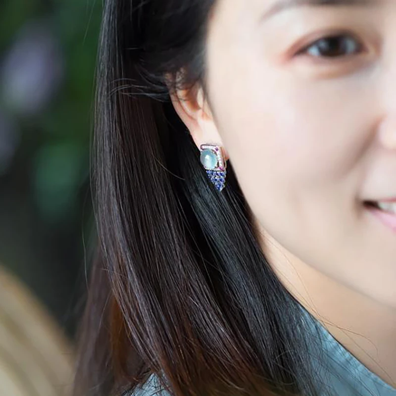 Original new silver diamond natural ice egg round chalcedony earrings luxury high-end elegant ladies jewelry