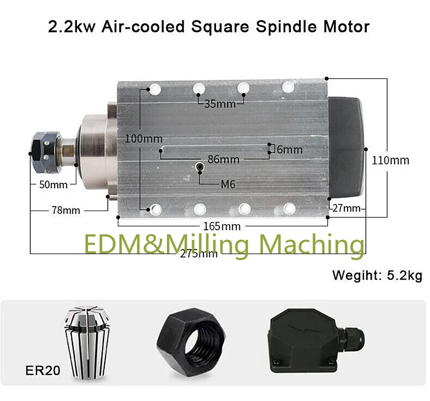 1PC High Quality 2.2KW Air Cooled Square Spindle Motor ER20 For CNC Engraving Machine 220V DURABLE