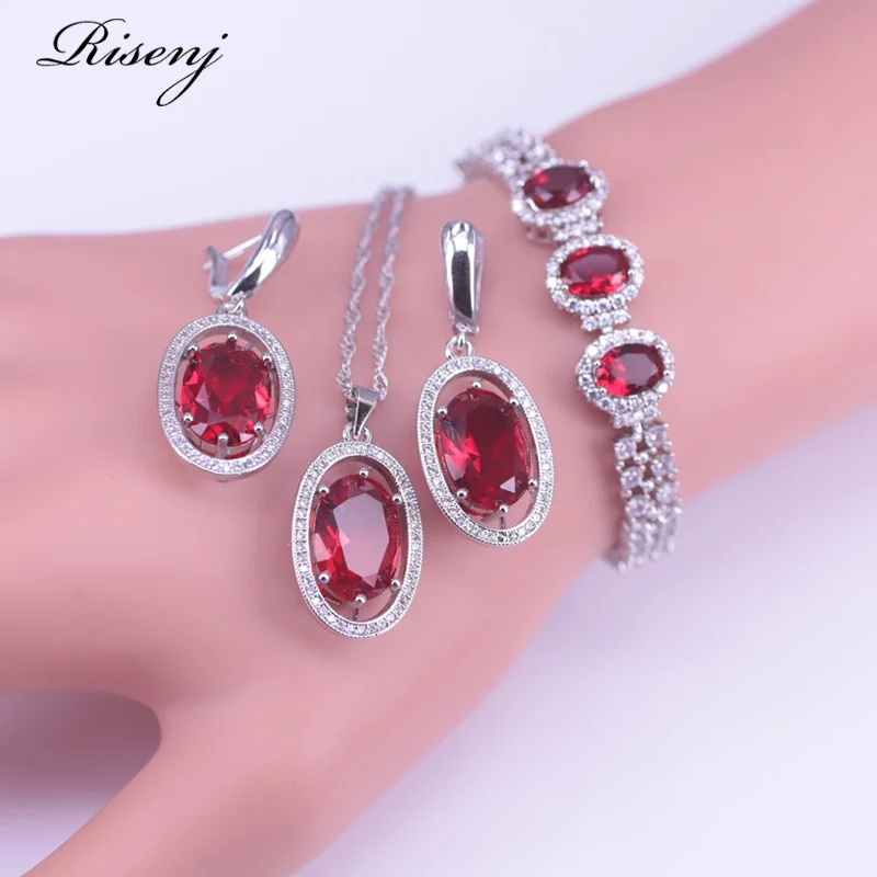 Risenj 925 Silver Jewelry Set Many Colors Zircons Top Quality Earrings Necklace Set With Bracelet Set Bridal Jewelry