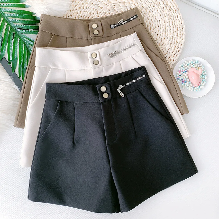 Office Lady Work OL Shorts Women Casual Short Pants High Waist Boots Shorts Autumn Winter Double-breasted Zipper Wide Leg Shorts