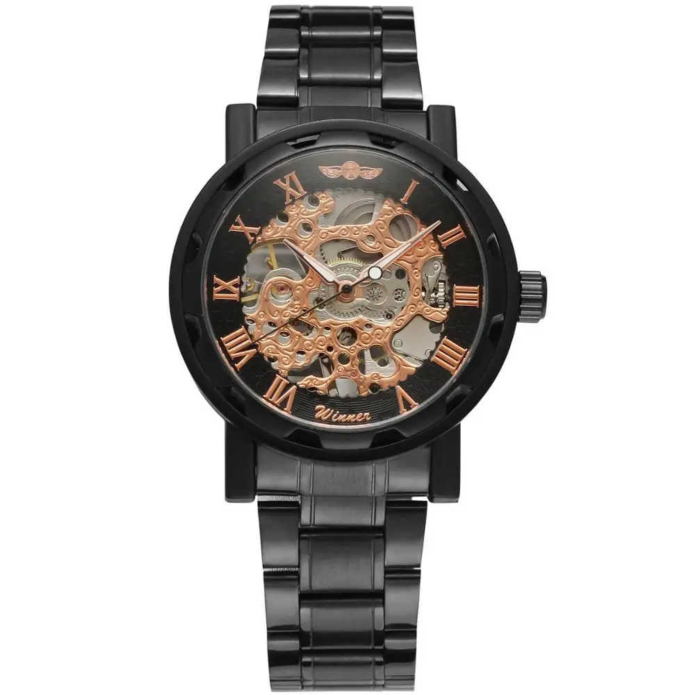 

WINNER Trendy fashion classic rose gold Roman numerals hollow dial business men's alloy mechanical watch