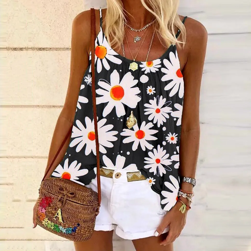 Women Vest Plus Size Tops Chrysanthemum Print Sleeveless Shirt Female Summer Casual Simple ONeck Loose Tank Streetwear Camis Top