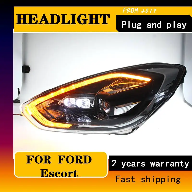 Car For 2019 Ford Escort Headlight Assembly Modified LED Daytime Running Light LED Streamer Steering Xenon Headlights Assembly