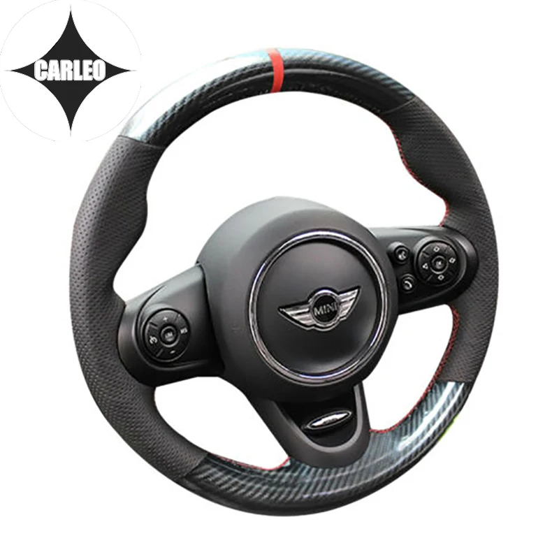 

DIY Car Steering Wheel Cover for Mini Cooper Black 5D Carbon Fiber&Genuine Perforated Leather Custom Hand Stitching Holder