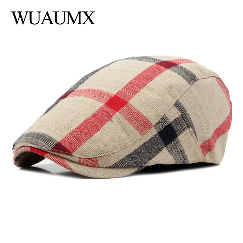 Unisex Thin Breathable Beret Hat Men Women Plaid Forward cap Spring Summer Berets Cap Green Black Flat Peaked Hats Visor