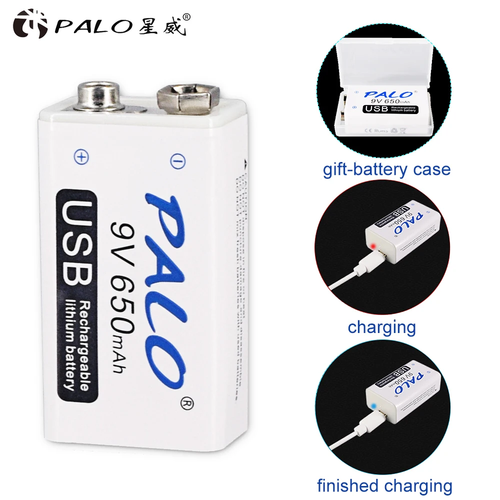 PALO 650mAh 6F22 9v rechargeable battery micro USB li-ion Battery 9V Li ion Lithium Battery for RC Helicopter Model Microphone