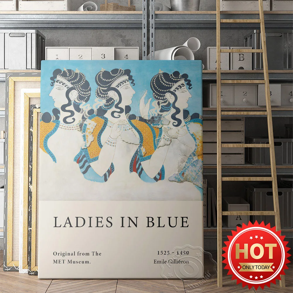 Emile Gillieron Poster, Minoan Fresco Ladies In Blue Wall Painting, Vintage Three Women Canvas Prints, Living Room Wall Decor