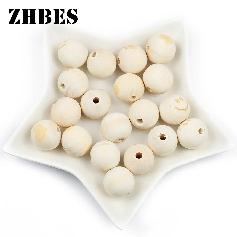 Natürliche Holzperle Lächelndes Gesicht Herz Krone Runde Lose Perlen 20 MM/10 stücke Für Schmuck Machen DIY Halskette baby spielzeug Zubehör