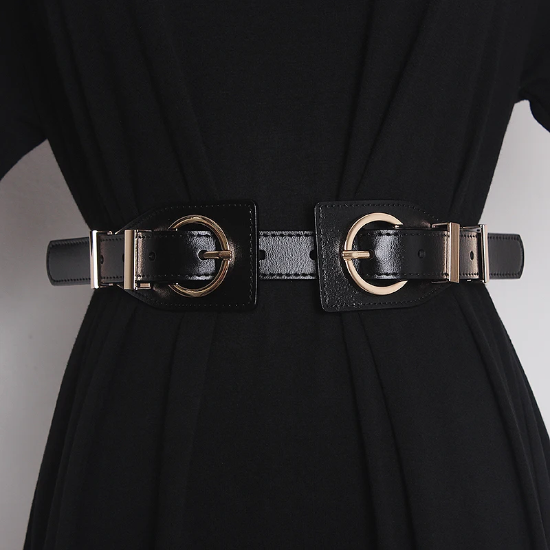 

Women's Runway Fashion Gold Buckle Genuine Leather Cummerbunds Female Dress Corsets Waistband Belts Decoration Wide Belt TB1996