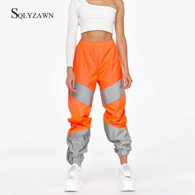 

Color Block High Waist Trousers Women Autum Streetwear Reflective Striped Patchwork Sweat Pants Female Casual Loose Baggy Pants