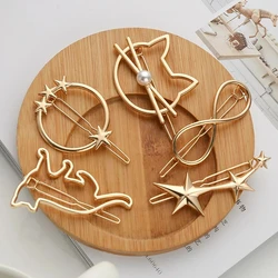 Simple Gold Color Geometric Hair Clips Pin Sweet Hollow Hair Barrette For Women Girl Cat Star Hair Circle Moon Hair Accessories