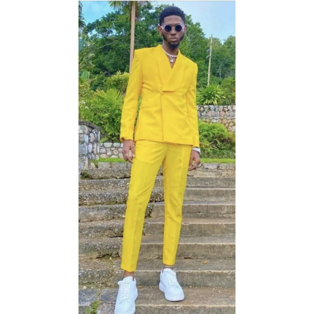 

African Streetwear Yellow Men Suits Sets Groom Wedding Tuxedo Slim Fit Prom Blazer Trousers Terno Masculino 2Pieces Jacket+Pants