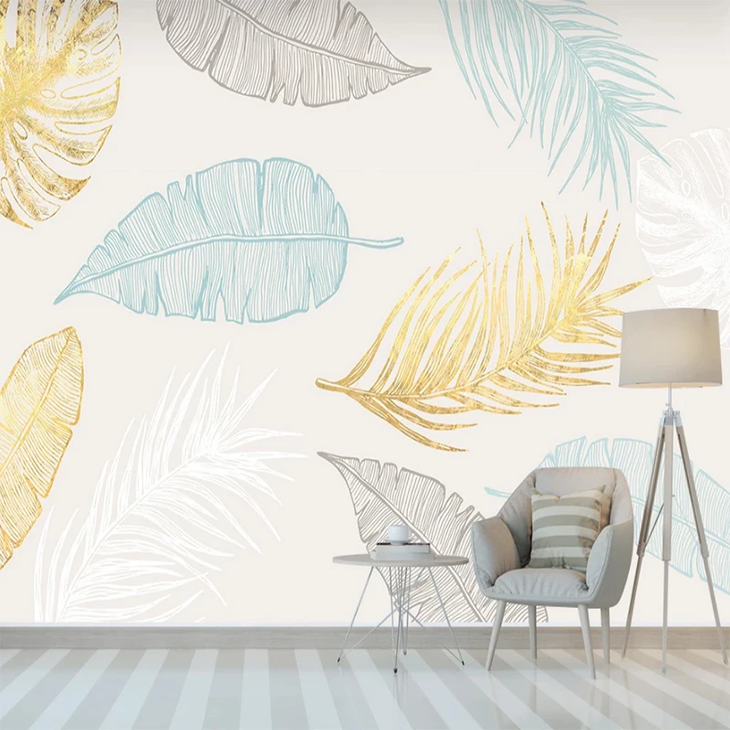

Seamless wallpaperMinimalistic hand drawn small fresh golden tropical leaves bedroom background wall