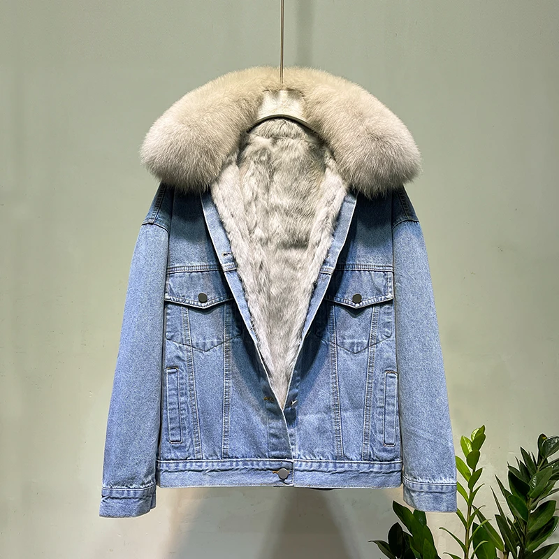 Winter Nieuwe Echt Konijnenbont Liner Denim Parka Letters Borduren Dikke Jean Jas Vrouwelijke Losse Vos Bontkraag Jas Bovenkleding