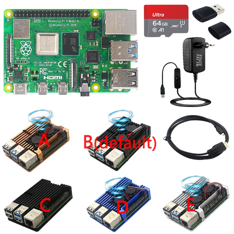 Оригинальный комплект Raspberry Pi 4 Model B, 8 ГБ, 4 Гб, 2 Гб ОЗУ, алюминиевый чехол, двойной вентилятор, радиатор, блок питания, дополнительная карта на 64 и 32 Гб