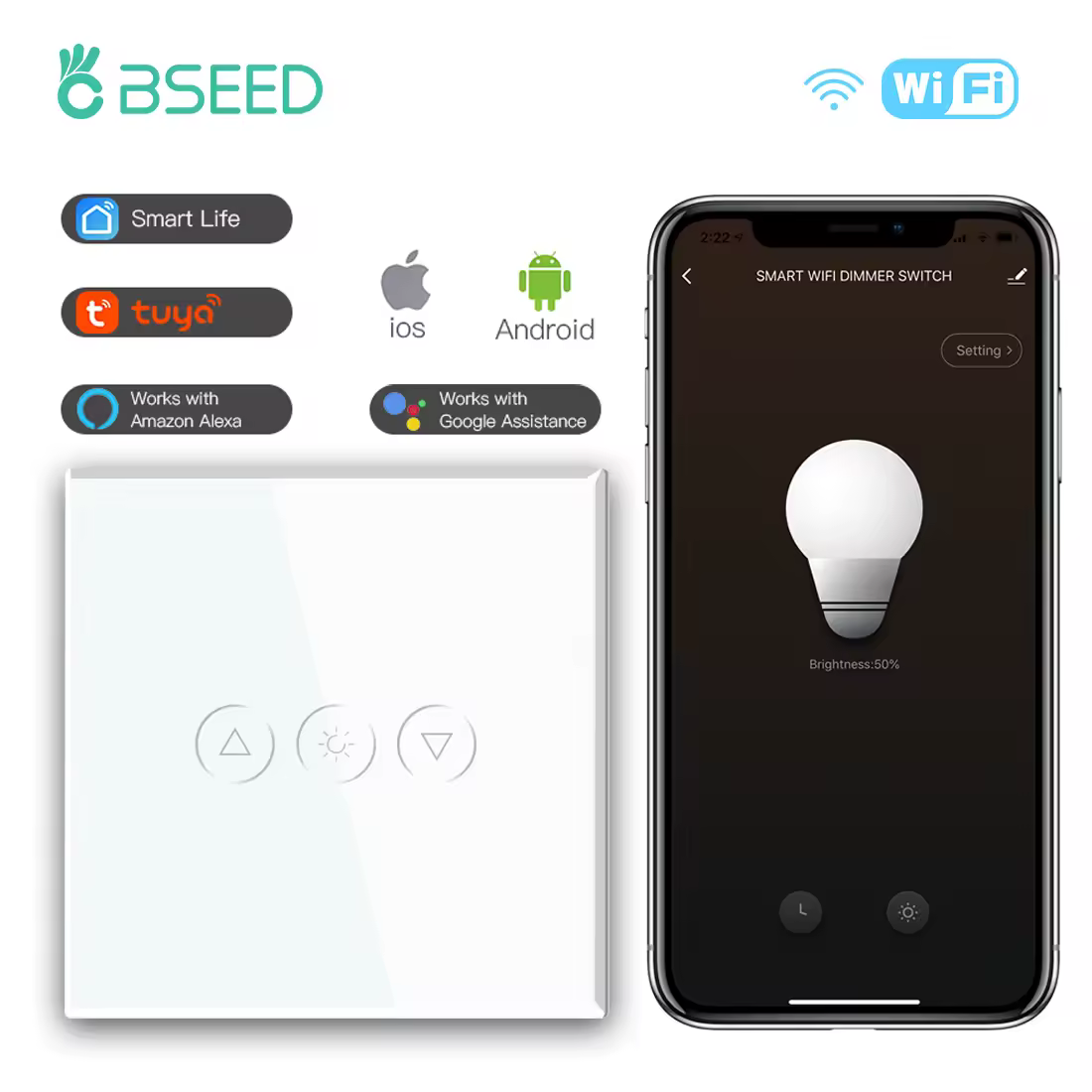 BSEED Интеллектуальные диммерные переключатели 1Gang Wifi Control Led Dimmer Белый Черный Золотой Стеклянная панель Поддержка Tuya Google Smart Life App