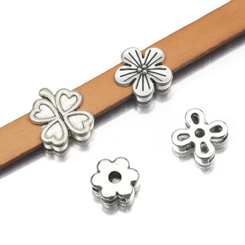 10Pcs Tibetan Silver Lucky Clover Flower Loose Spacer Beads For 10mm Flat Leather Cord Diy Bracelet Jewelry Making Accessories