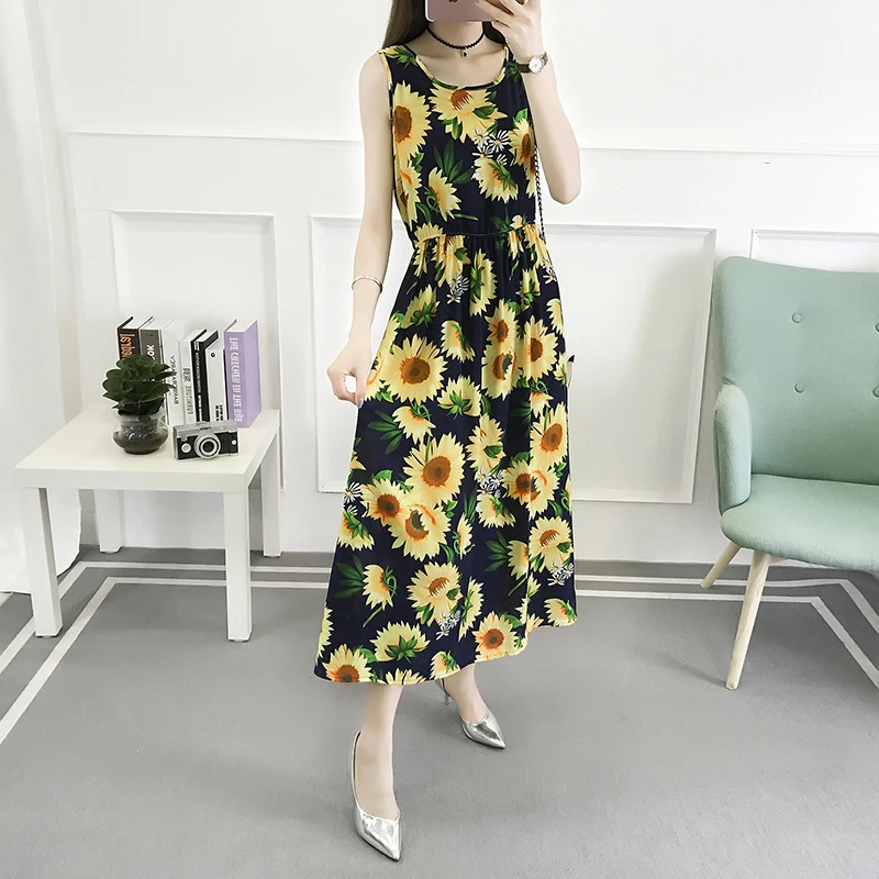 Đầm Nữ Không Tay Xe Tăng Cổ Điển Retro Midi ĐẦM Boho Cổ Tròn In Hình Slim Vintage Phổ Biến 4XL Đầm Maxi Sang Trọng Hợp Thời Trang Casual