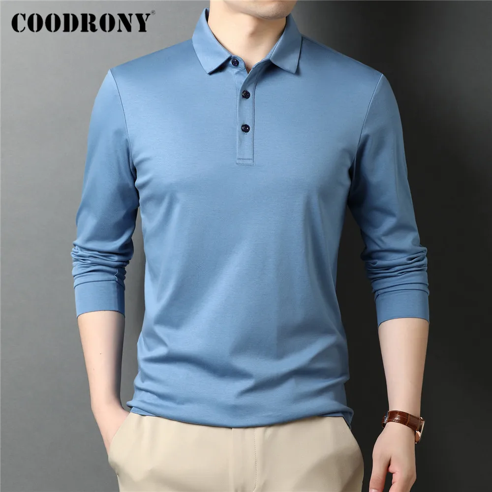 COODRONY Brand Spring Autumn High Quality Classic Casual Pure Color 100% Mercerized Cotton Long Sleeve Polo-Shirt Men Tops C5069