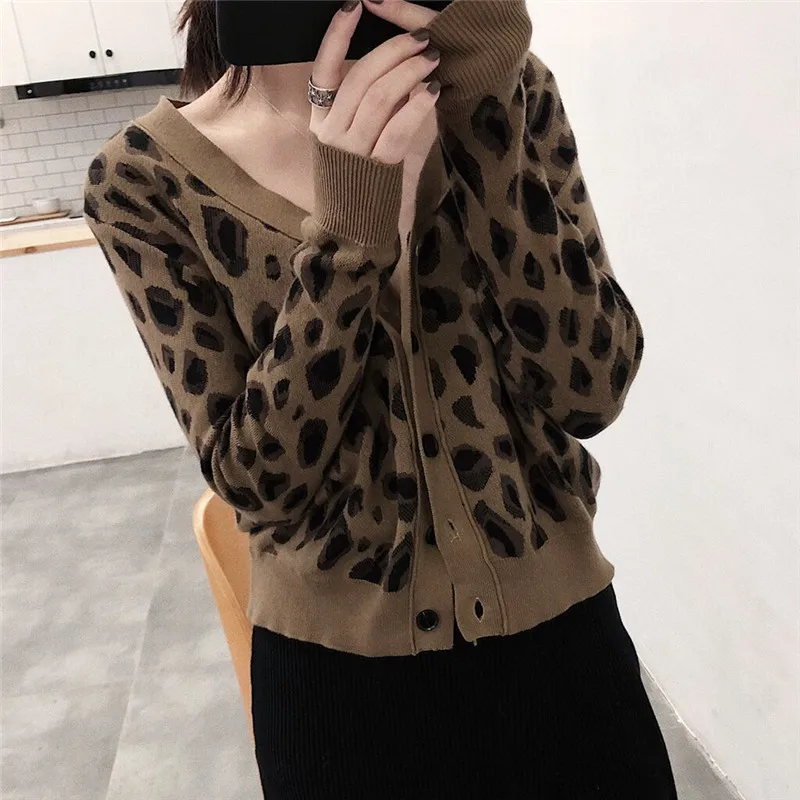 Women\'s Knitted Sweater Cardigan Spring Autumn Long Sleeve V-neck Single-breasted Leopard Print Sweaters Coat Female Tops K69