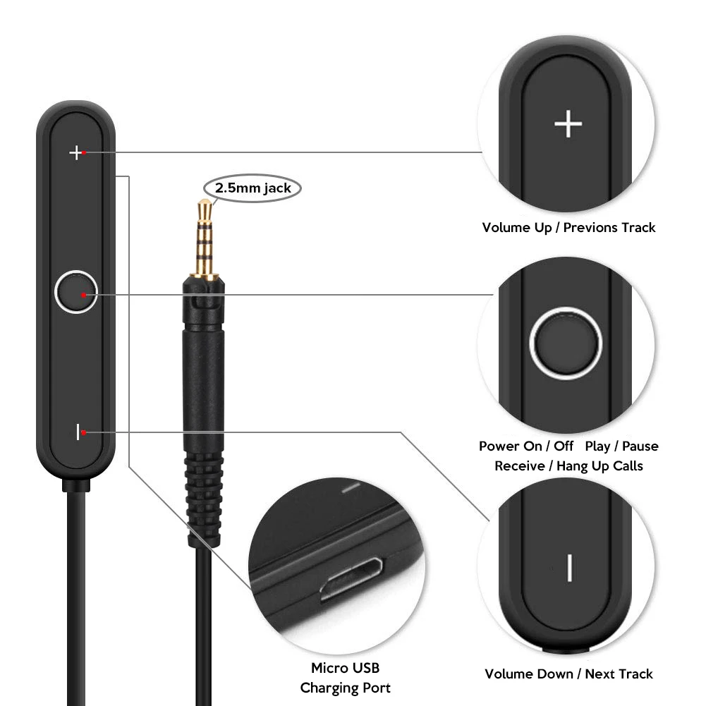 Bluetooth 5.0 A2DP Adapter Wireless 2.5mm Handsfree Receiver for KRK KNS 8400 6400 KNS8400 KNS6400 On-Ear Circumaural Headphones