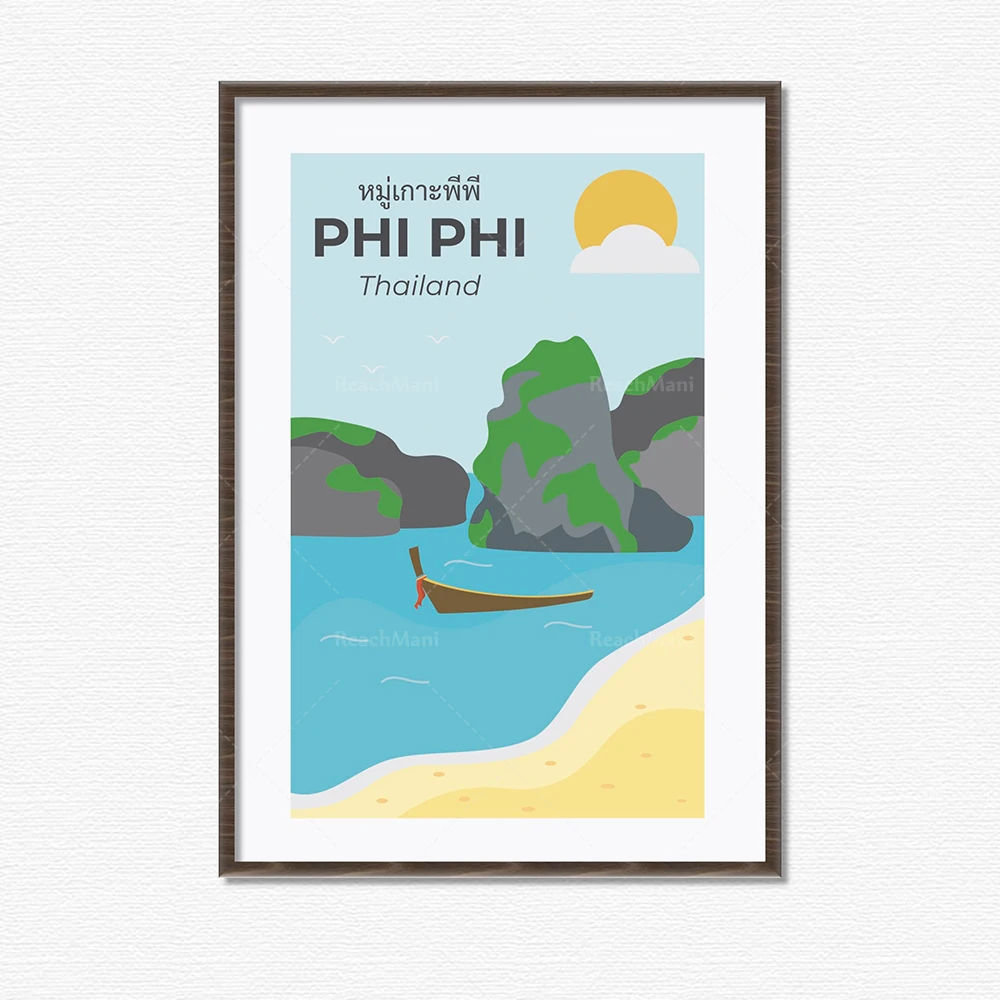 Singapore, Pattaya, Thailand map, Phi Phi island, Japan Sensoji Kaminarimon, Mount Fuji, Fushimi Inari Shrine travel poster