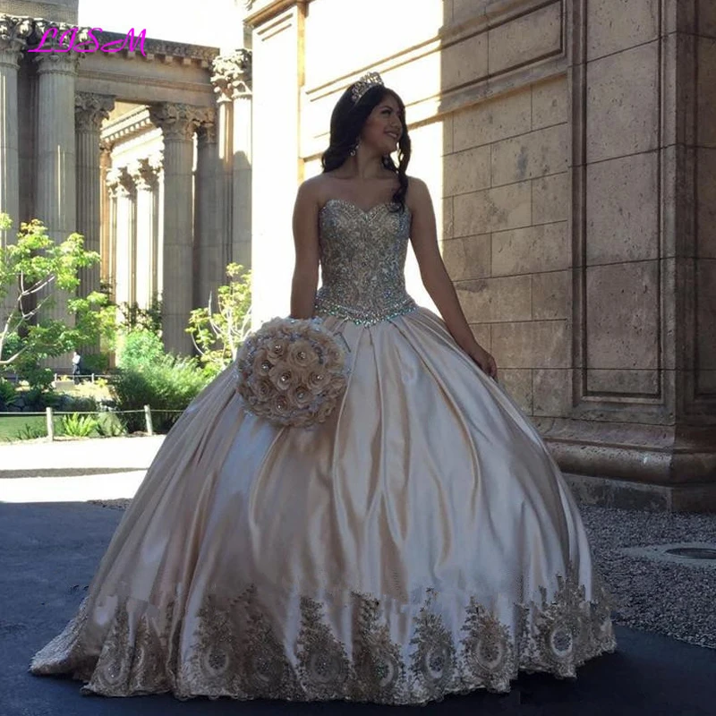 Luxury Gold Lace Sweet 16 Quinceanera Dresses 2022 Ball Gown Crystals Plus Size Satin Masquerade Vestidos 15 Anos Prom Dress