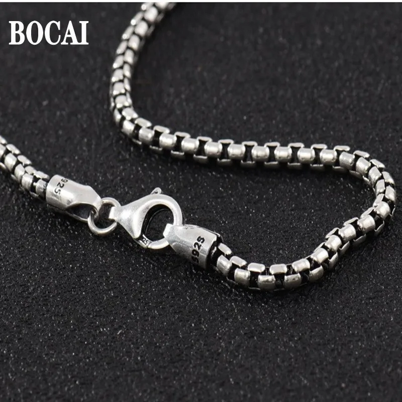 3MM  BOCAI Trendy New Pure s925 Silver Jewelry Retro Round Box Cchain Personality Fashion Man and Women Necklace