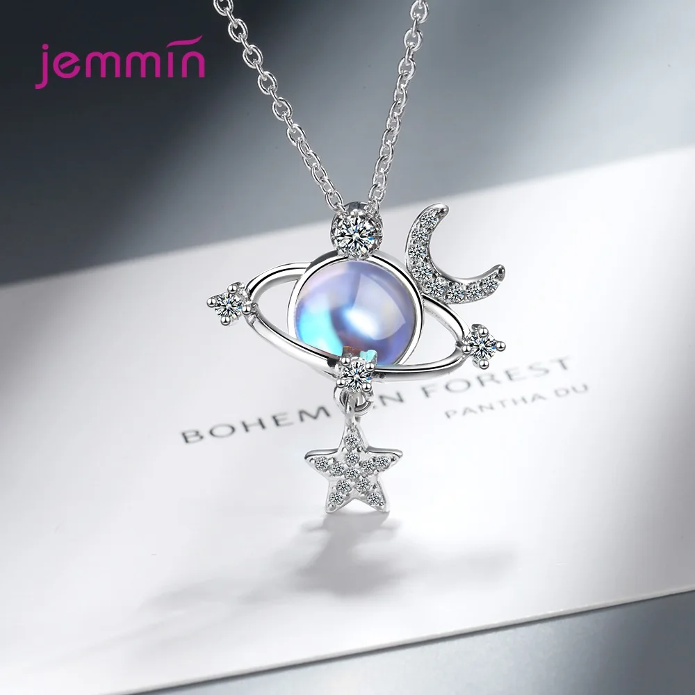 Creative 925 Silver  Necklace for Women Moon Star Blue Planet Universe Pendant Necklace Zirconia Crystal Fine Jewelry