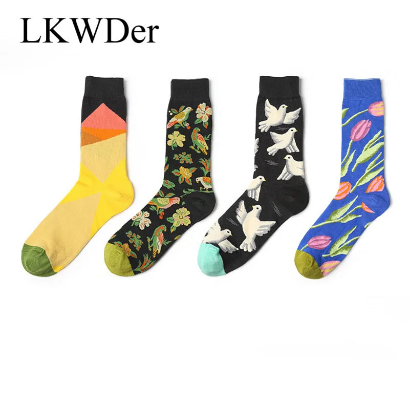 LKWDer 6 Pairs Men Happy Socks Men Sock StreetTide Brand Art Graffiti Hit Series Flower Bird Figure Cotton Socks Men Calcetines