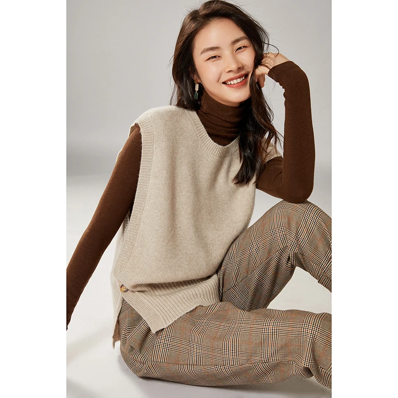 

2024 Women's Spring Autumn 100% Pure Wool Knitted Vest Both Sides Split Loose Sweater Waistcoat Female Pullover Sleeveless Tops