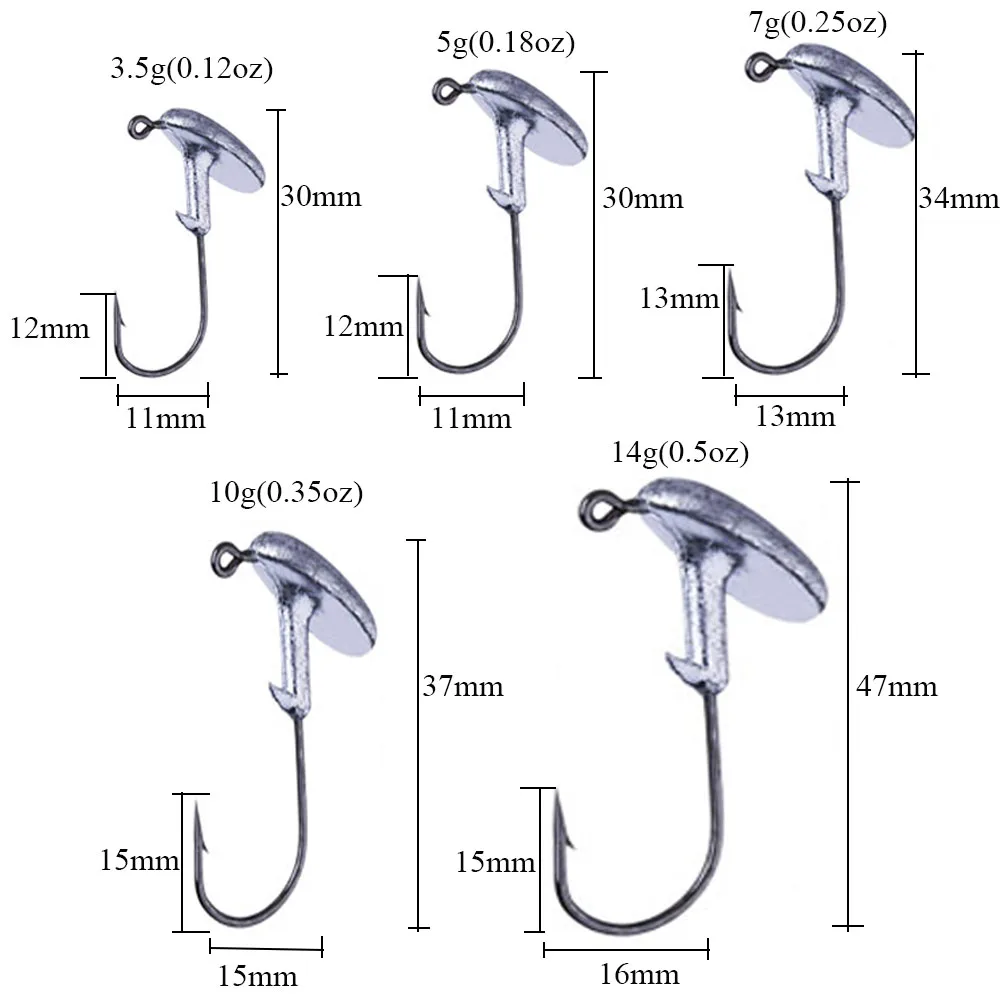 10 Stück/Set, 3,5 g, 5 g, 7 g, 10 g, 14 g, Jig-Köpfe, Angelhaken mit Gewicht, Angelhaken, der nicht im Gras hängen bleibt, für weiche Köder. – Detail 2