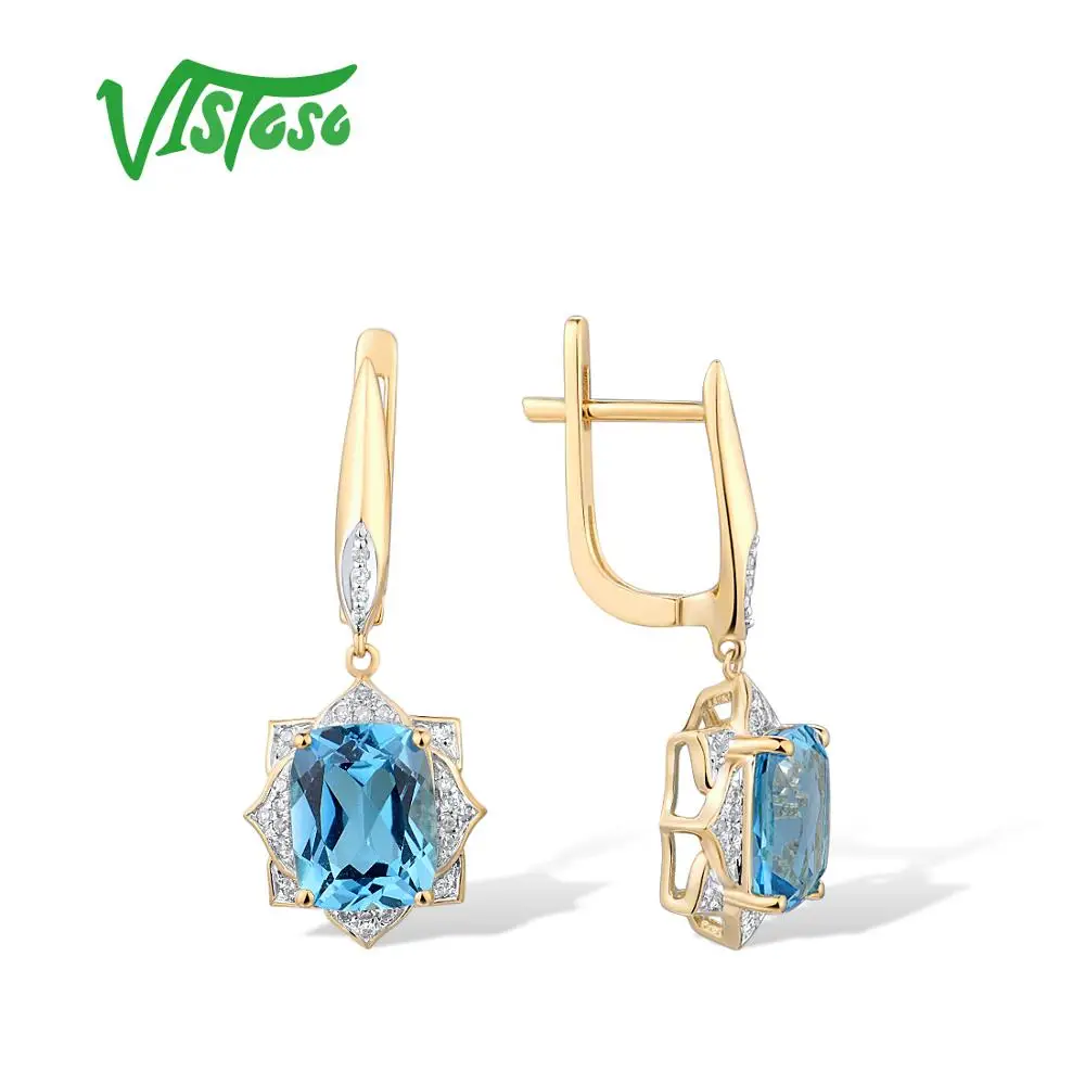 VISTOSO Gold Earrings For Women Authentic 14K 585 Yellow Gold Shiny Diamond Blue Topaz Earrings Engagement Wedding Fine Jewelry