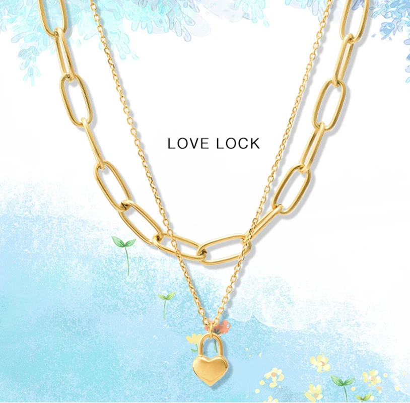 XIYANIKE 316L Stainless Steel Gold Color Heart Lock Pandent Necklaces For Women 2 Layer Choker 2021 Trendy Fashion Gift Jewelry