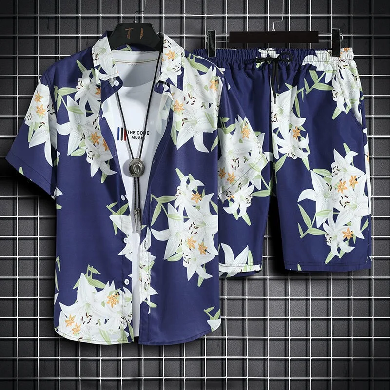 Men's printed beach suit, two-piece, five-quarter pants, short-sleeved casual shirt, Hawaiian short-sleeved floral top