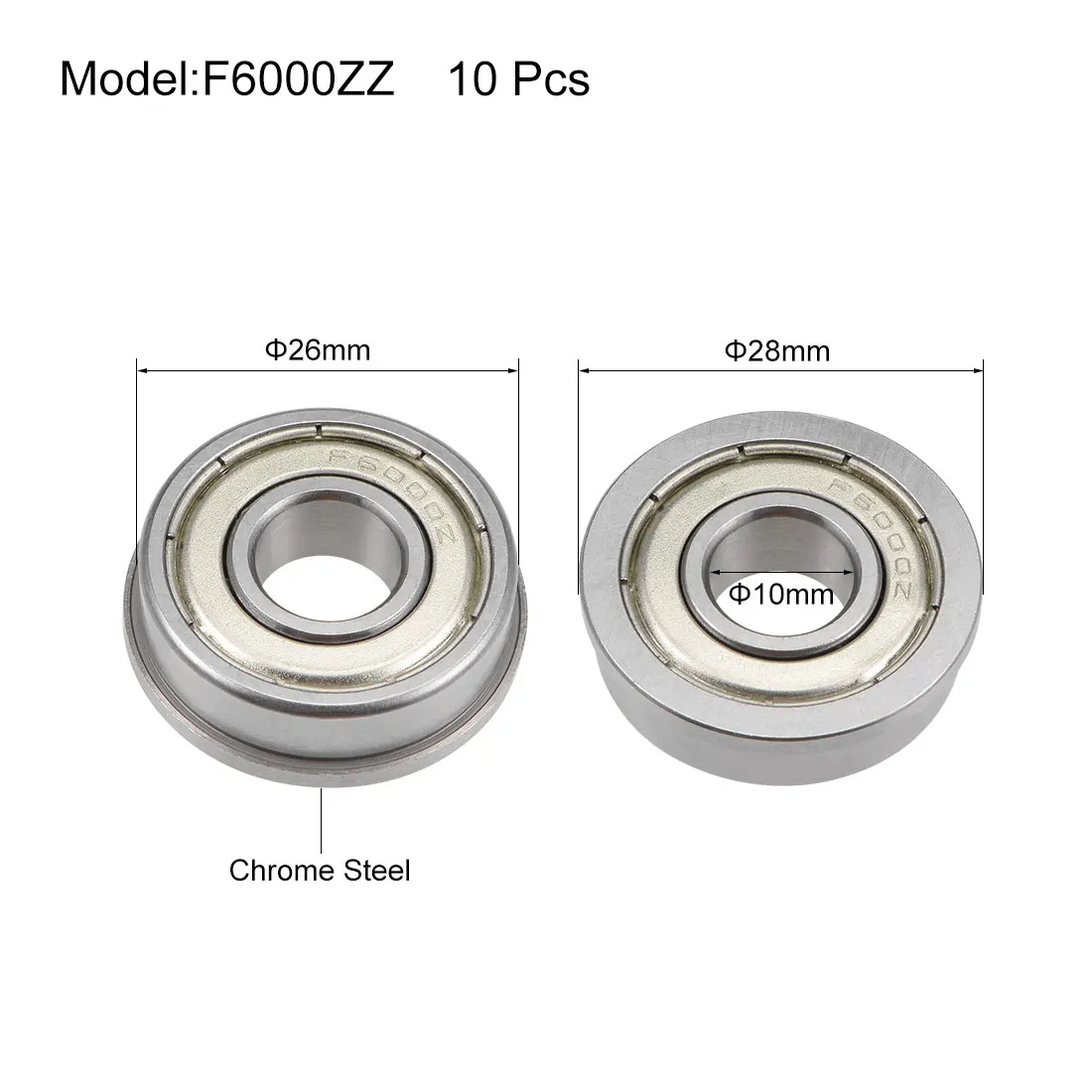 uxcell 10pcs F6000ZZ Flange Ball Bearing 10x26x8mm Shielded Chrome Bearings