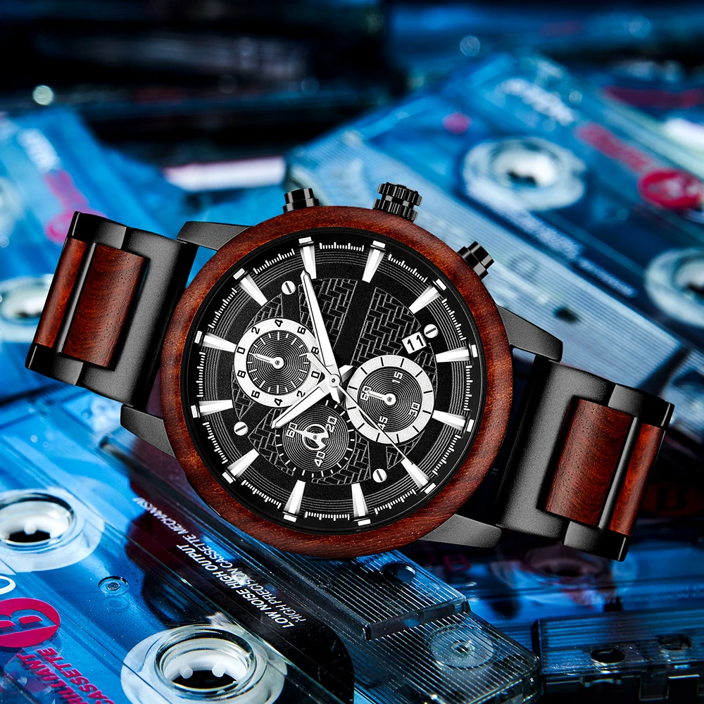 Relogio Masculino นาฬิกาสุดหรูผู้ชายนาฬิกาไม้ Chronograph นาฬิกาข้อมือควอตซ์นาฬิกาเหล็กที่กำหนดเอง Dial คริสต์มาสของขวัญ