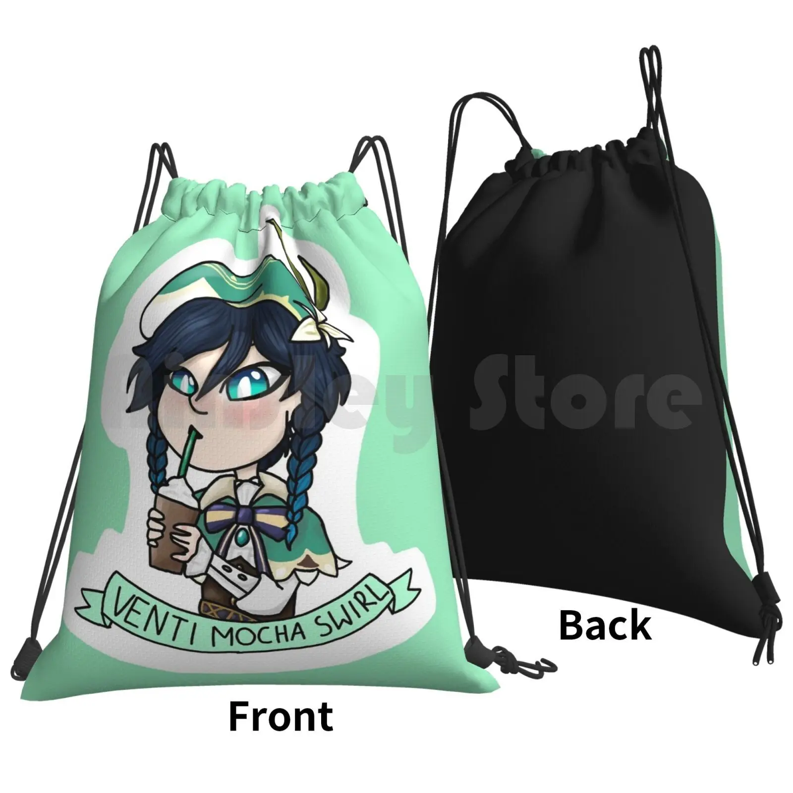 Venti And His Venti Mocha Swirl Backpack Drawstring Bags Gym Bag Waterproof Genshin Impact Venti Cute Character Barbatos