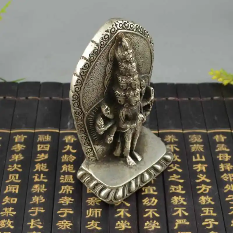 China Tibet Silver Kwan-yin Avalokitesvara Bodhisattva Buddha Statue