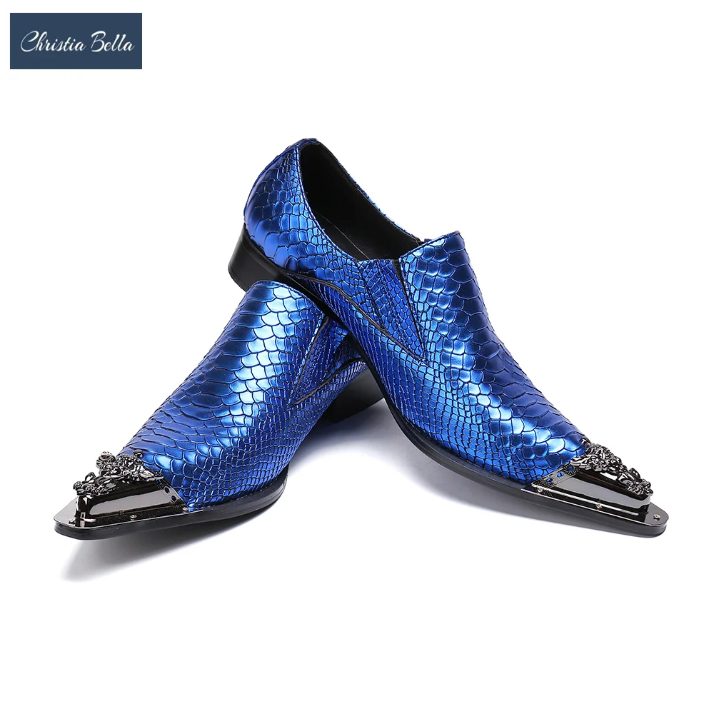 Christia Bella Blue Men Genuine Leather Shoes Metal Pointed Toe Party Club Dress Shoes Fashion Business Man Shoes Big Size