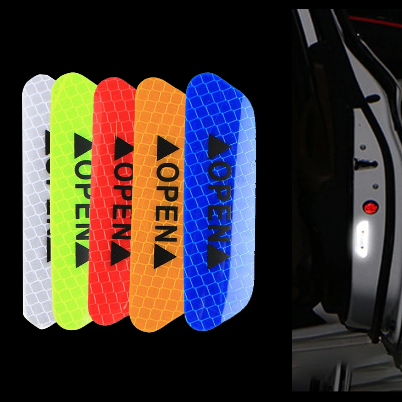 4 Pcs Car Door Safety Warning Reflective Stickers OPEN Sticker Long-distance Reflective Paper Anti-collision Decorative Sticker