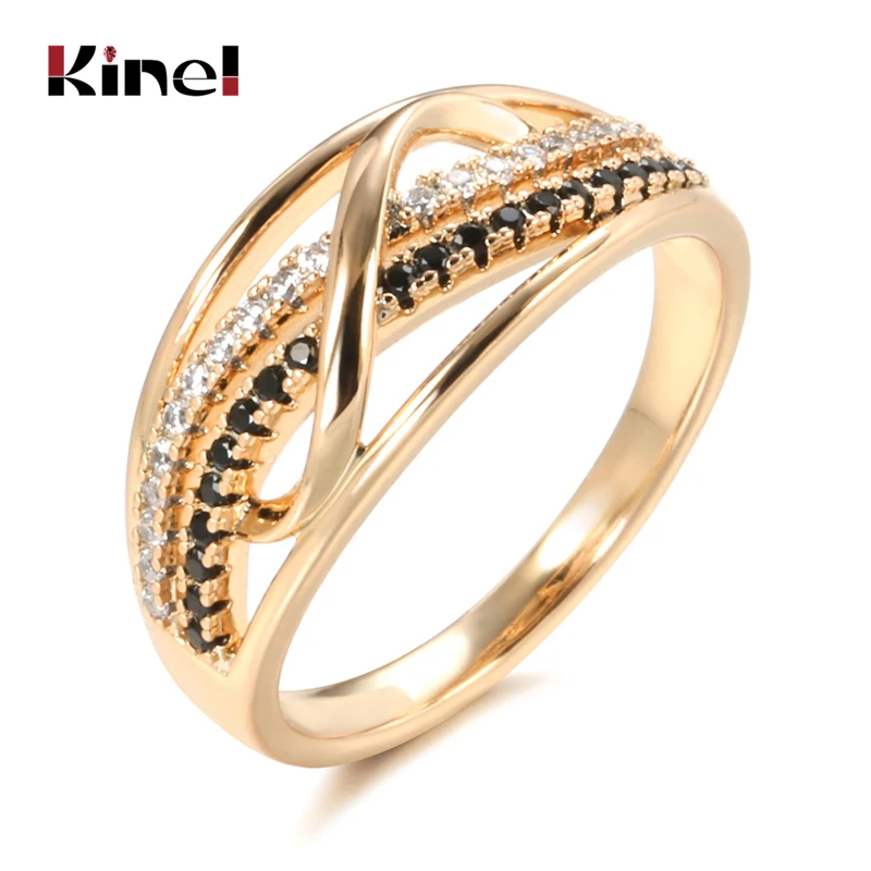 Kinel New Ring 585 Rose Gold With Black Natural Zircon Fashion Waves Rings for Women High Quality Daily Fine Vintage Jewelry