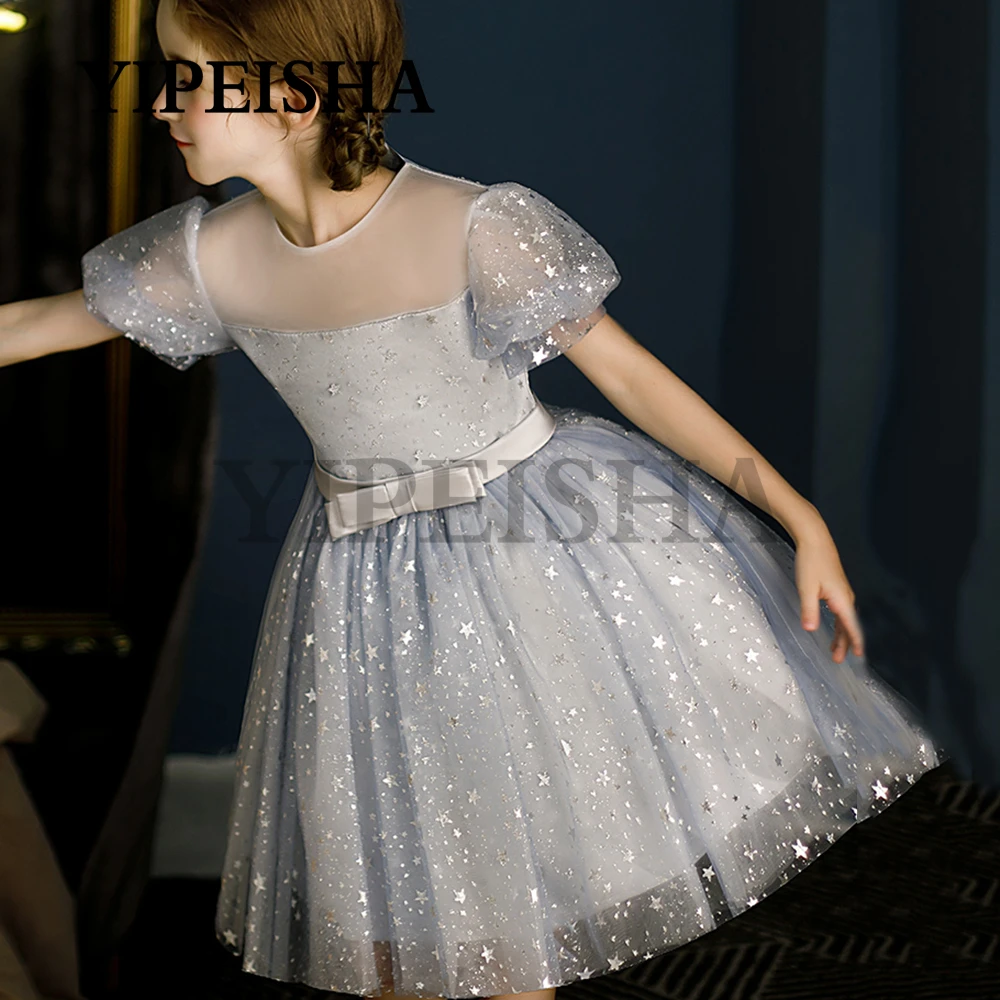 Vestidos infantiles personalizados con lentejuelas y estrellas brillantes decorados con flores, vestido de fiesta de princesa de tul de manga corta, vestido de fiesta de princesa Плаusе Для Дев®ч